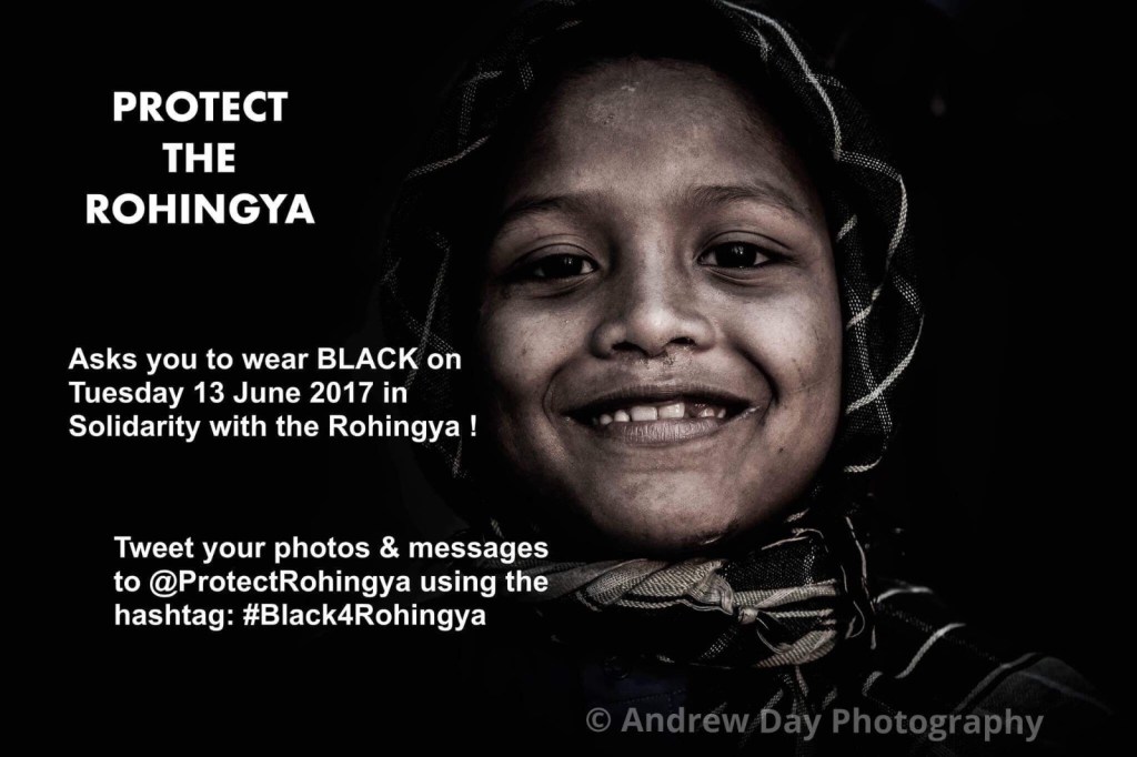 Black-and-white portrait of a smiling Rohingya girl, with text asking people to wear black on Tuesday 13 June 2017 in solidarity with the Rohingya. Photo: Andrew Day Photography.