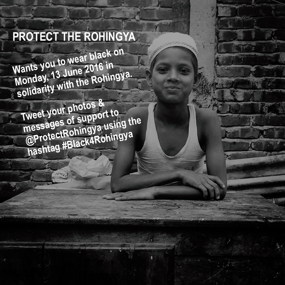 A young Rohingya boy leaning on a table, with text asking people to wear black on Monday 13 June 2016 in solidarity with the Rohingya.