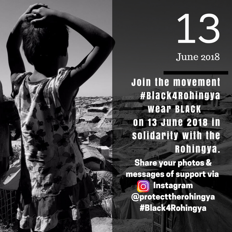 #Black4Rohingya 2018 poster: a child in a refugee camp, with a call to wear black on 13 June 2018 in solidarity with the Rohingya.